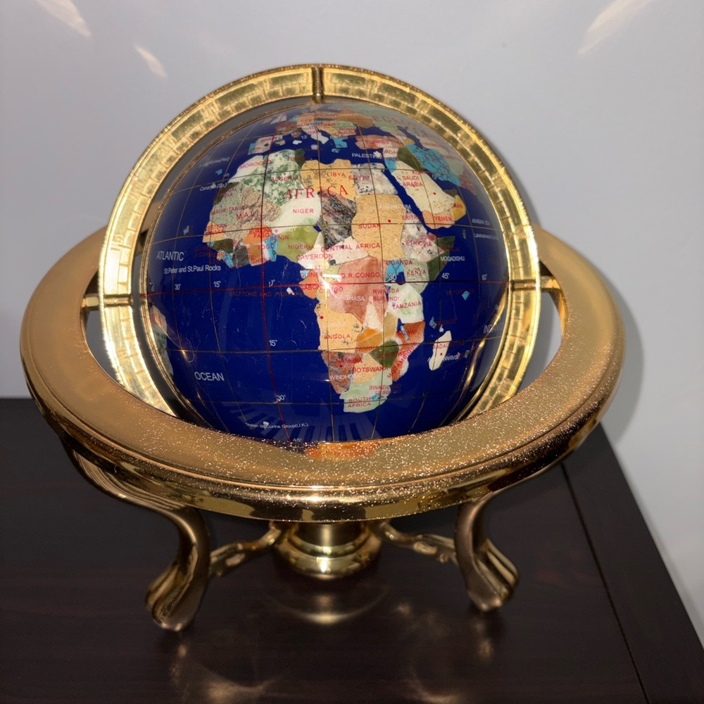 Lapis and Gold Rotating Gemstone Globe with Compass Stand